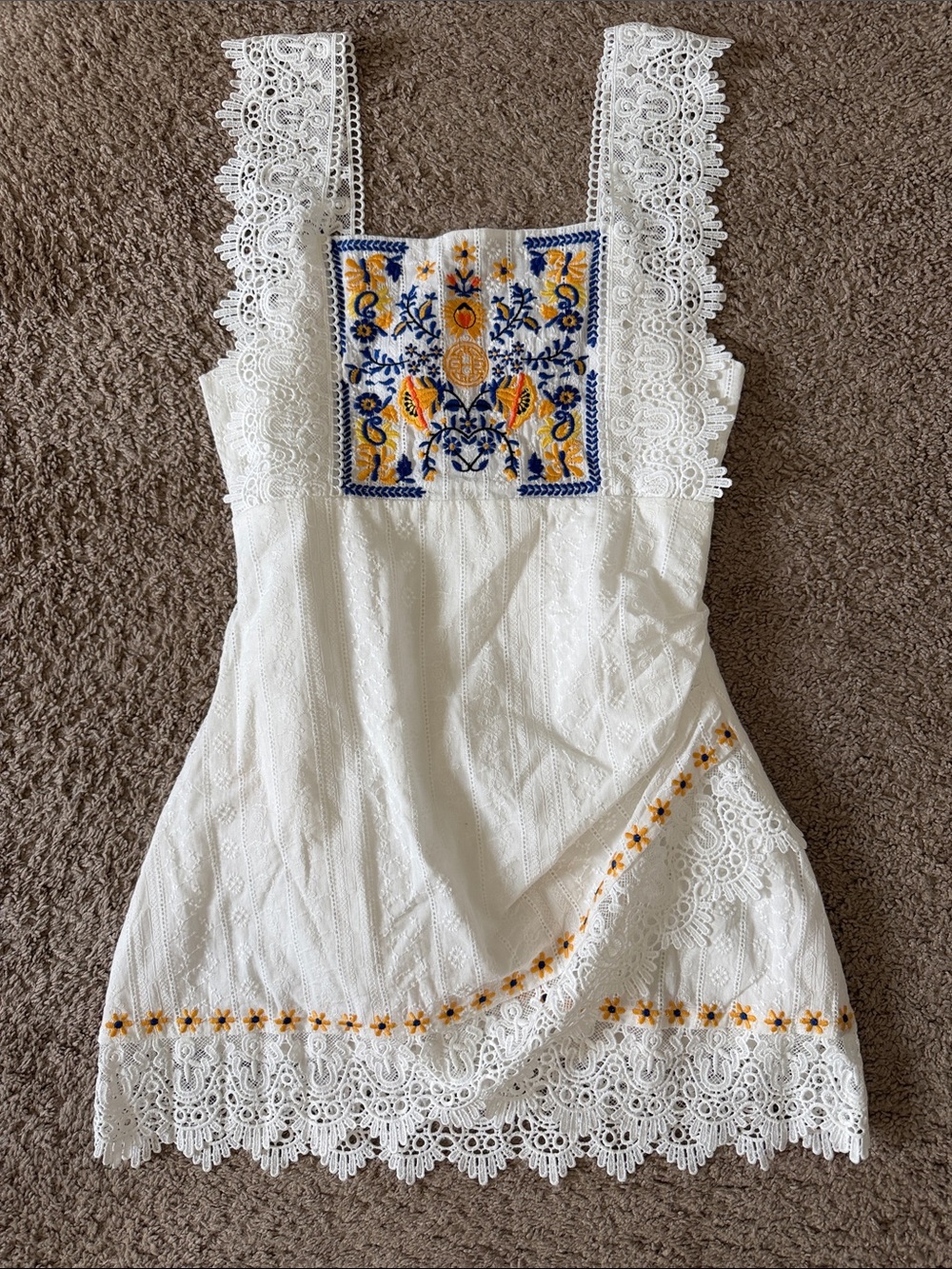 White Lace Mini Dress with Blue and Yellow Embroidery